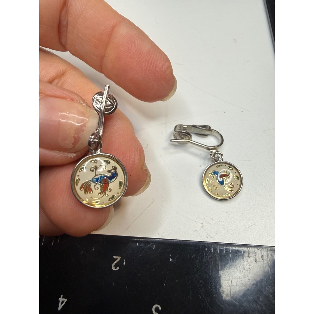 Vintage Peacock Bird Clip On Drop Earrings Silver Tone Enamel Style Round Retro